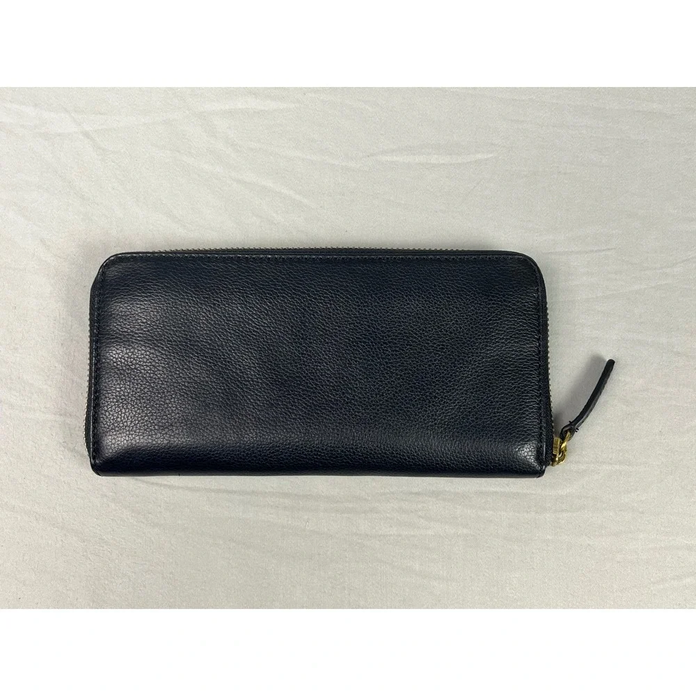 Fossil Logan Zip Around Clutch Wallet Black Pebbled Leather Gold Tone Hardware